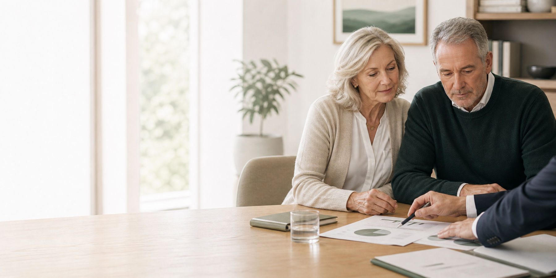 Investors and an advisor reviewing market information at a white oak desk.