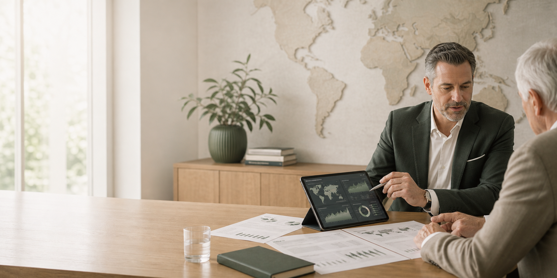 Investors reviewing a portfolio dashboard with an advisor.